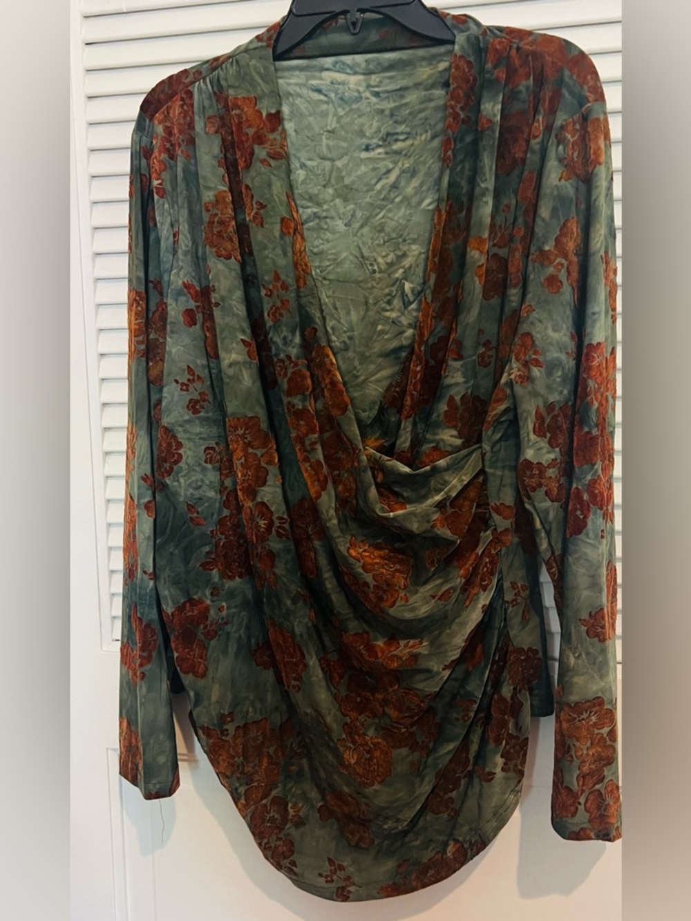 Draped Floral Blouse in Sage Green and Rust.  Plus size 4x. Long sleeve.